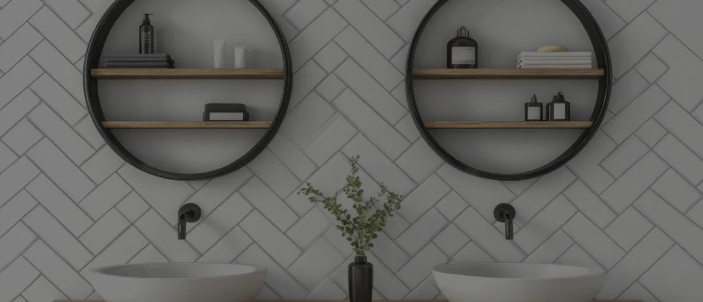 A styled bathroom vanity setup showcasing sinks, storage, and fittings