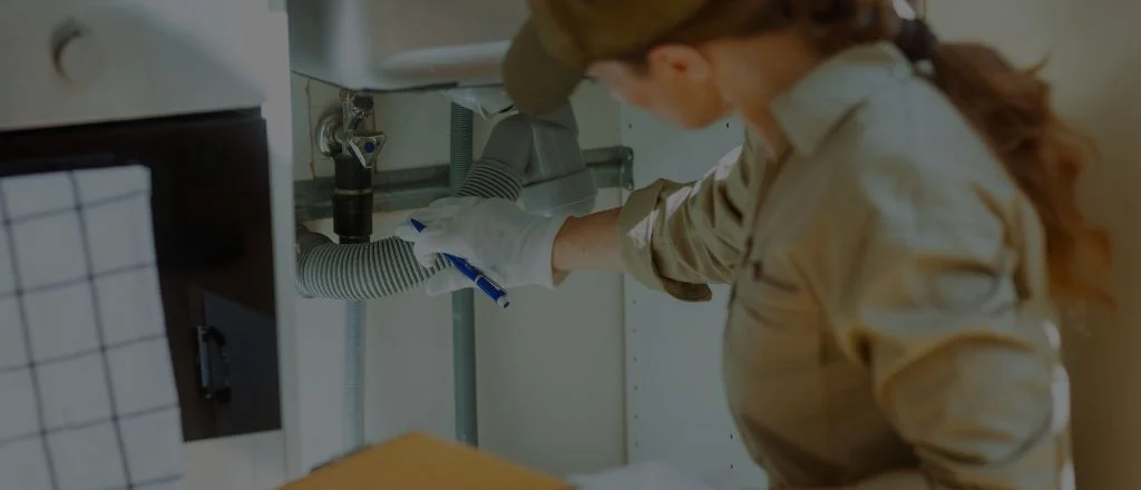 A licensed plumber inspecting sink plumbing