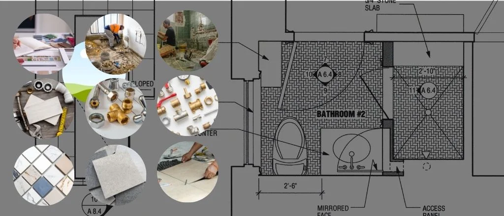 A creative collage of a renovation plan with round images of materials, tools, and tile removal work