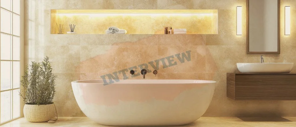 A stylish luxury bathroom overlaid with the word "Interview," symbolising expert insights shared by Sam on modern bathroom renovations