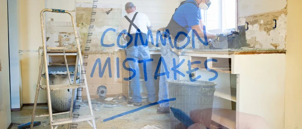 Bathroom renovation scene with workers removing tiles and pipes, overlaid by a notebook titled "Common Mistakes"