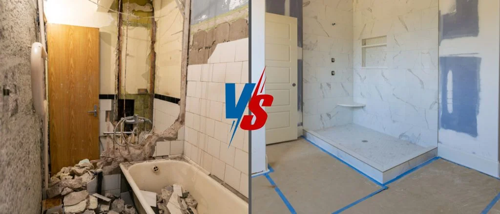 Side-by-side comparison of a chaotic DIY bathroom demolition and a carefully planned professional renovation