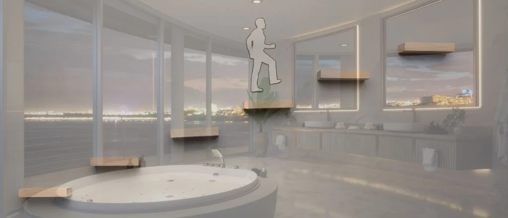 A luxury bathroom combined with an image of a person climbing steps, representing the structured, step-by-step approach to planning a successful bathroom renovation
