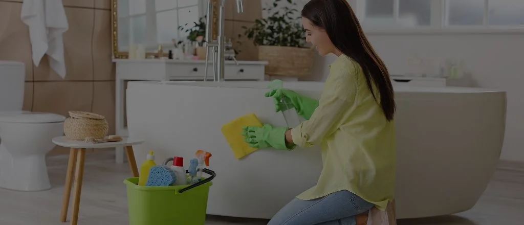 A woman delicately cleaning a modern luxury bathroom